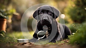 black labrador retriever A humorous Labrador puppy with a detective magnifying glass,