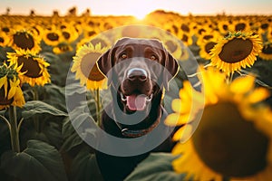 Black Labrador retriever posing in sunny sunflowers field. Generate ai