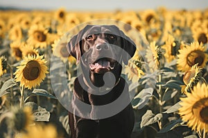 Black Labrador retriever in sunflowers field. Generate ai