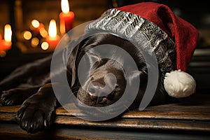 Black labrador with Santa Claus hat sleep near the fireplace. Generative Ai