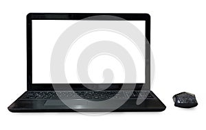 Black Labtop with mouse bluetooth isolated white background. photo