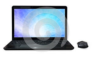 Black Labtop with mouse bluetooth and sky screen isolated white photo