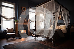 black lace-covered four-poster bed in a dim room