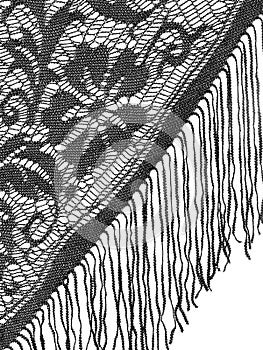 Black lace shawl, mantilla detail on white. photo