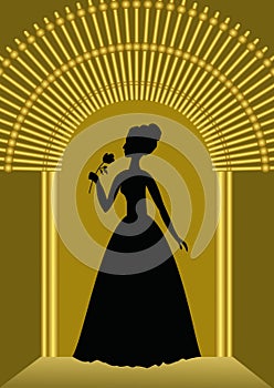 Black lady with flower silhouette in golden gate, luxurious template for ball invitation, announcement in vintage style