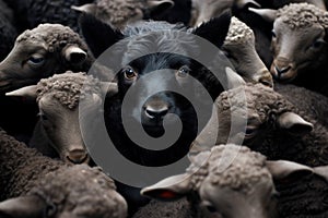 a black lamb lost in a crowd of white lambs