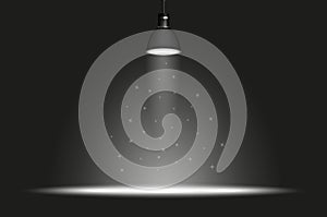 Black lamp with spotlight in dark room. Wide light spot. Vector illustration