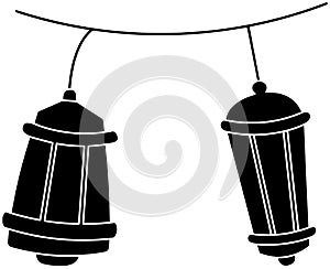 black lantern silhouette or flat lampion illustration of lamp logo mosque for mubarak with islamic icon and religion shape