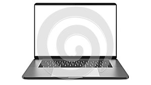 Black laptop with blank screen isolated on white background. Whole in focus. High detailed. photo