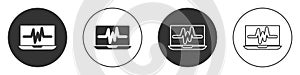 Black Laptop with cardiogram icon isolated on white background. Monitoring icon. ECG monitor with heart beat hand drawn