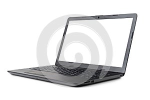 Black laptop computer with blank display isolated in white