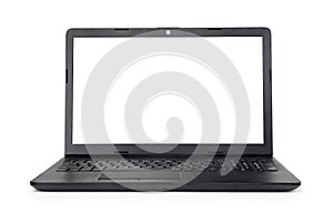 Black laptop computer with blank display isolated in white