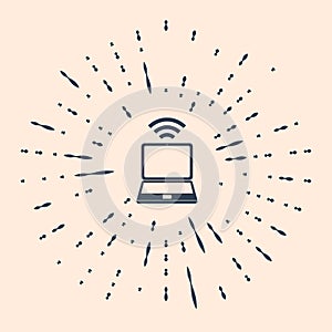 Black Laptop and free wi-fi wireless connection icon isolated on beige background. Wireless technology, wi-fi connection