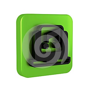 Black Laptop with music note symbol on screen icon isolated on transparent background. Green square button.