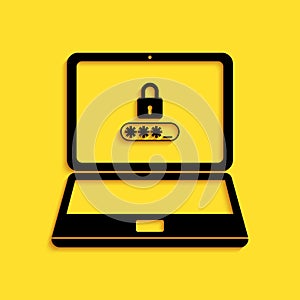 Black Laptop with password notification and lock icon isolated on yellow background. Concept of security, personal