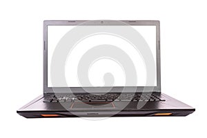 Black laptop with screen in 90 degree isolated on white background. Notebook with empty screen. blank copy space on modern mobile