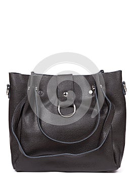 Black large with strap leather woman's handbag isolated on white background