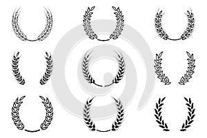 Black laurel wreath - a symbol of the winner. Wheat ears or rice icons set.