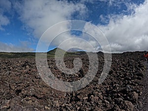 Black lava fields and green pine forest of the Chinyero and Teide volcanoes with bright shining sun and blue sky