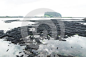 Black lava formation from lake view to Ilchulbong volcano crater, Seongsan, Jeju Island, South Korea