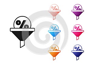 Black Lead management icon isolated on white background. Funnel with discount percent. Target client business concept