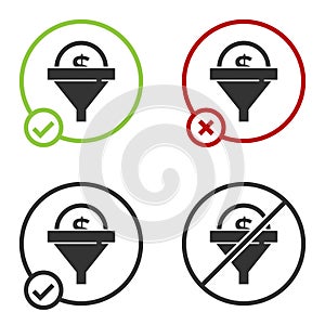 Black Lead management icon isolated on white background. Funnel with money. Target client business concept. Circle