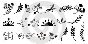 Black leaf and flower decorative elements vector set Designed in doodle style