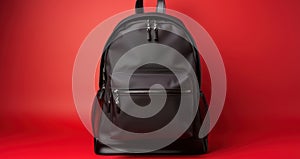 Black Leather Backpack on Red Background. School Bag, Fashion Accessory. Classic Haversack. Generative AI photo