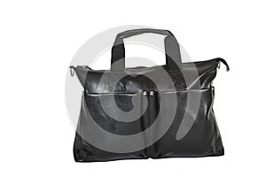 Black leather bag on white background