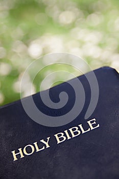 Black leather bible against blurred green grass background
