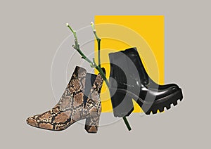 Black leather boots and snakeskin cowboy boots. rendy clothes collage