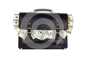 Black leather briefcase with dollars isolated on white backgroun