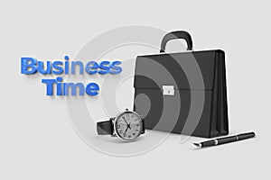 Black leather briefcase and watch with pen on the white isolated background