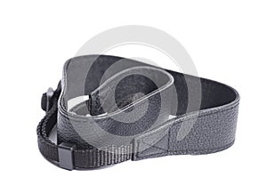 Black leather camera strap isolated on white background
