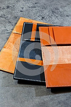 Black leather cardholder on a gray