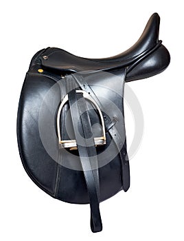 Black leather dressage saddle isolated on white background