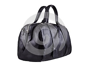Black leather duffle bag isolated on white background