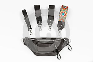 Black Leather Fanny Pack and Straps Top View
