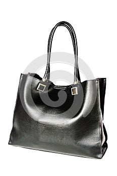 Black leather female bag isolated on white background. Glossy stylish fashion women bag. Women`s bags and accessories
