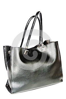 Black leather female bag isolated on white background. Glossy stylish fashion women bag. Women`s bags and accessories