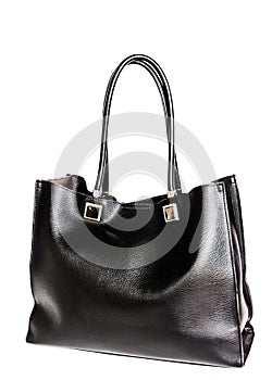 Black leather female bag isolated on white background. Glossy stylish fashion women bag. Women`s bags and accessories