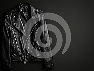 Black leather jacket displayed on a plain black background showcasing its texture and design details