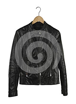 Black leather jacket on hanger