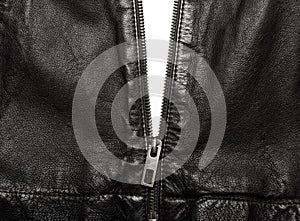 Black leather jacket with the zip partly open