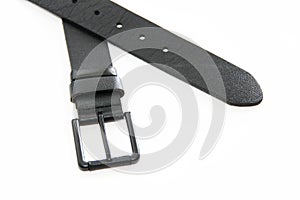 Black leather men`s belt with metal buckle