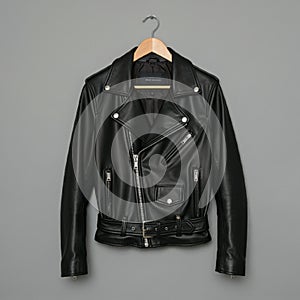 Black leather motorcycle jacket with a stylish design, featuring silver zippers and