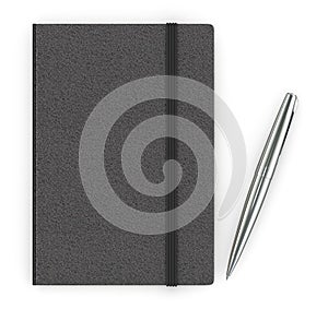 Black leather notebook and a silver pen