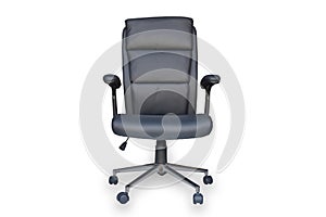 Black leather office chair with black backrest,black seat and handles,on wheels isolated on white background,with clipping path