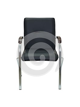 black leather office chair with chrome legs and elbow on white background