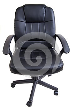 Black leather office chair in front,  isolated on white